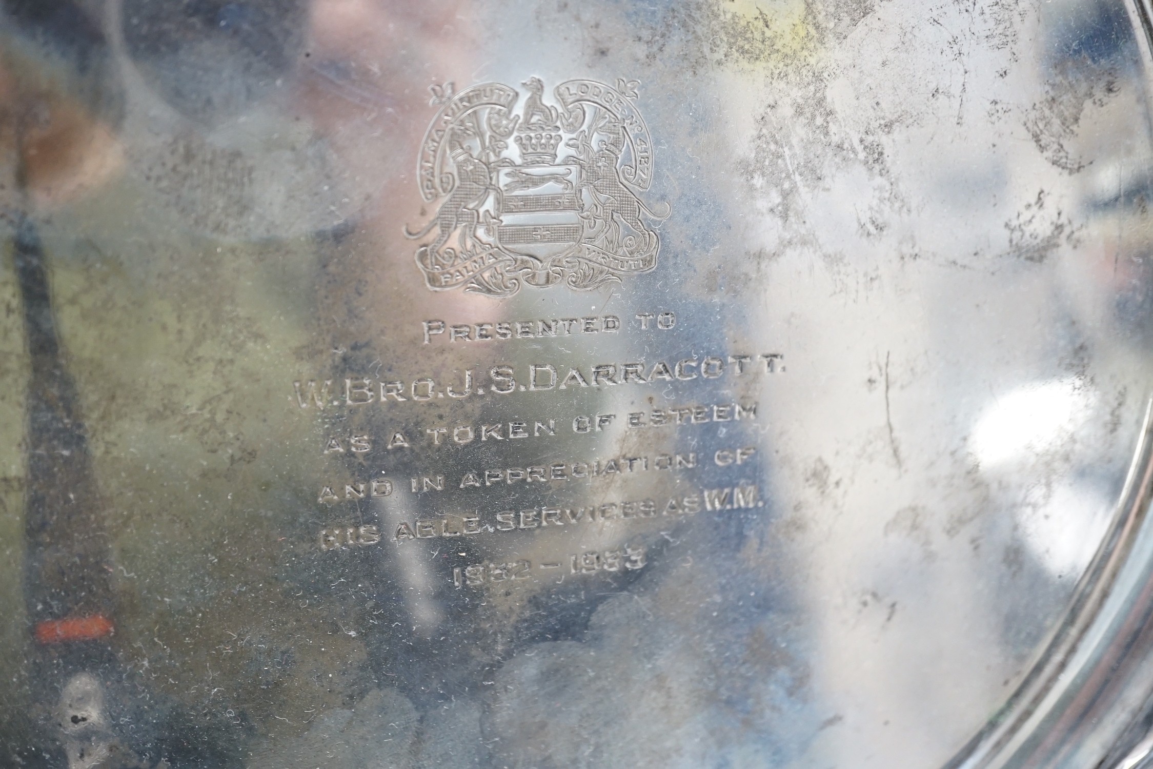 A George V silver salver, with engraved inscription, Elkington & Co, Birmingham, 1932, 26.5cm, 20 oz.